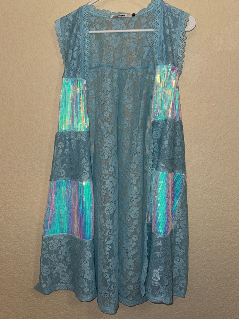 Sheer Lace Turquoise Vest with Iridescent Panel Details